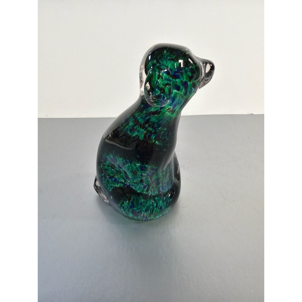 Vintage Murano Style Green and Blue Spatter End of Day Glass Sitting Dog Figurin